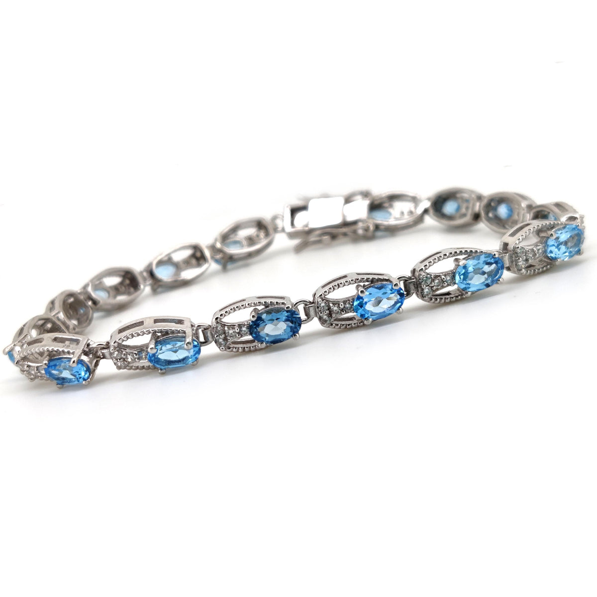 Natural Swiss Blue Topaz Tennis Bracelet, 925 Sterling Silver, December Birthstone