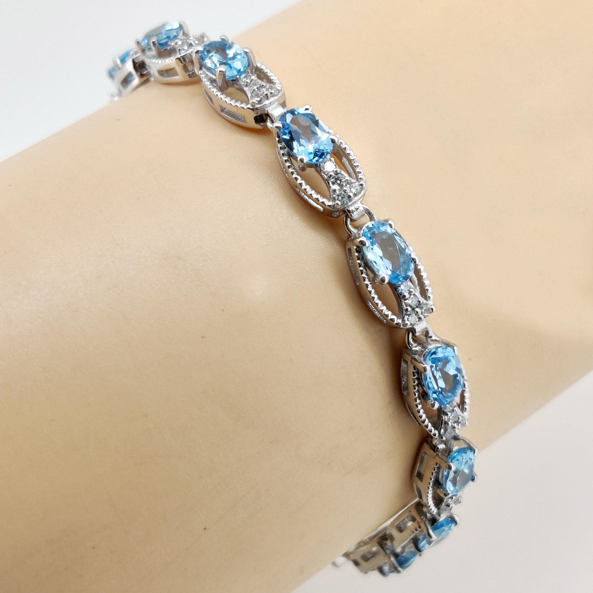 Natural Swiss Blue Topaz Tennis Bracelet, 925 Sterling Silver, December Birthstone