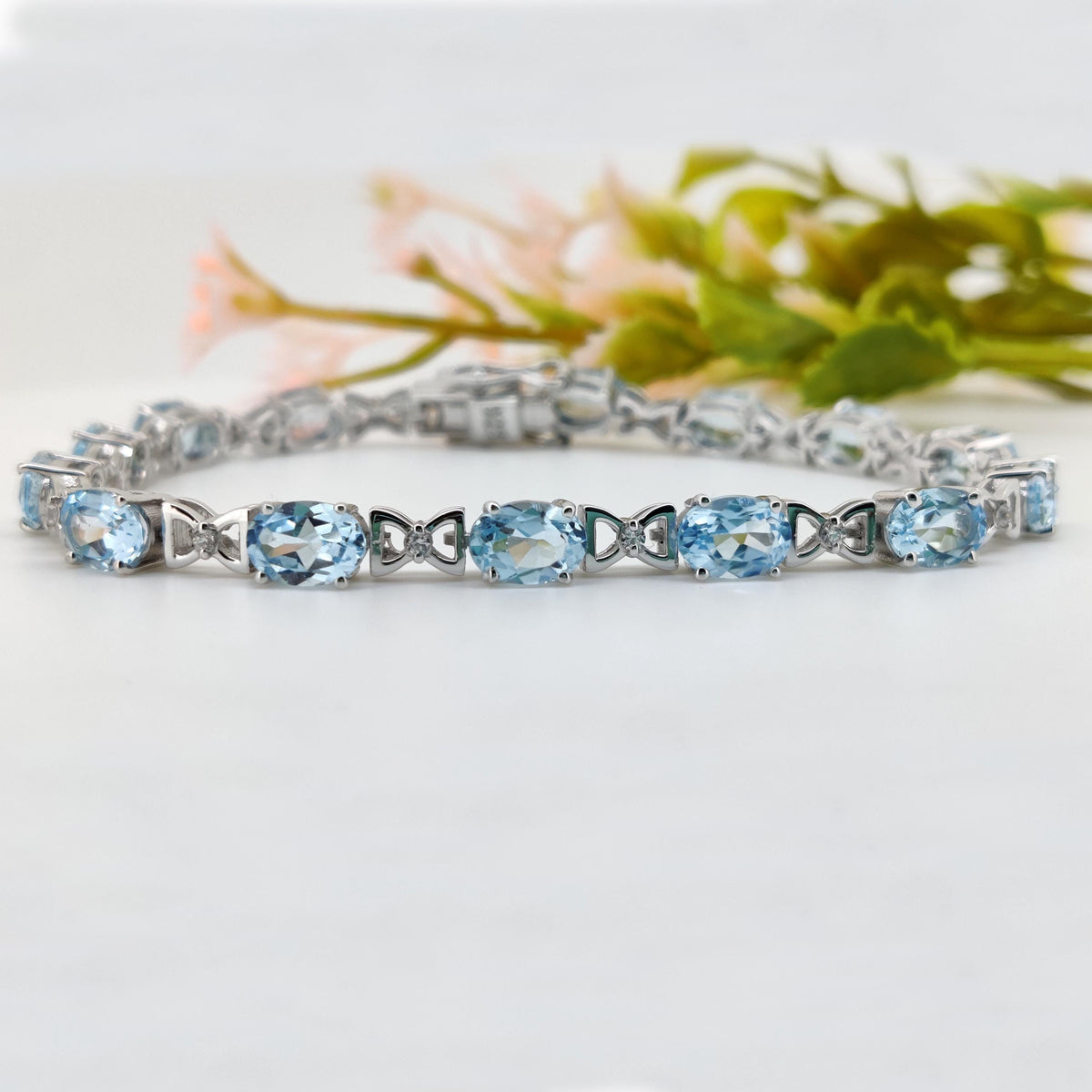 Natural Blue Topaz Tennis Bracelet, 925 Sterling Silver, Oval Gemstone, December Birthstone
