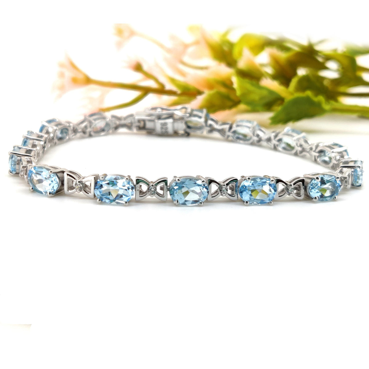Natural Blue Topaz Tennis Bracelet, 925 Sterling Silver, Oval Gemstone, December Birthstone
