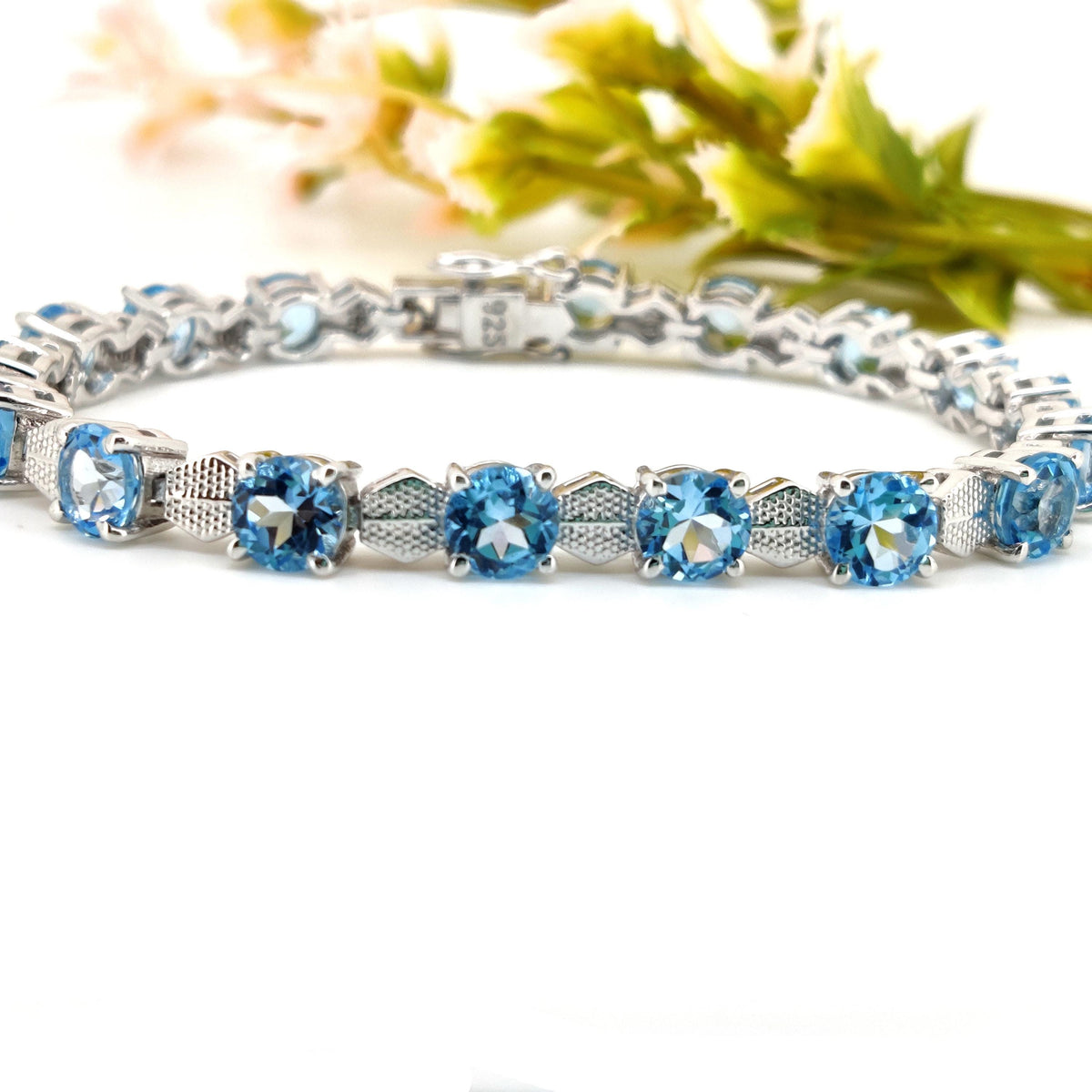 925 Sterling Silver Swiss Blue Topaz Tennis Bracelet, December Birthstone, Ocean Sparkle