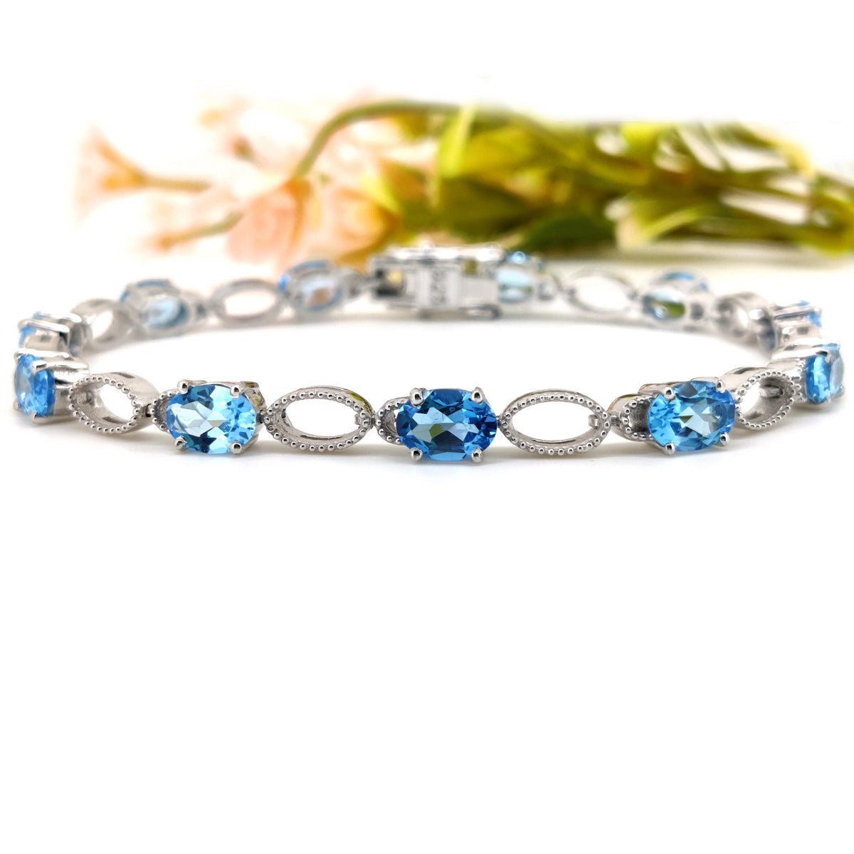 Natural Swiss Blue Topaz Tennis Bracelet, 925 Sterling Silver, Oval Gemstone, December Birthstone