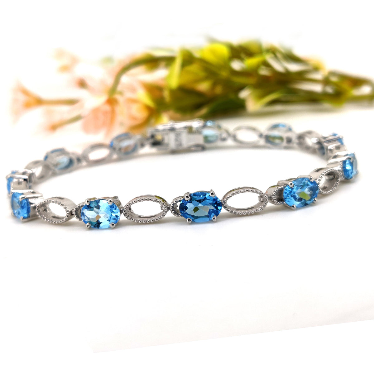 Natural Swiss Blue Topaz Tennis Bracelet, 925 Sterling Silver, Oval Gemstone, December Birthstone
