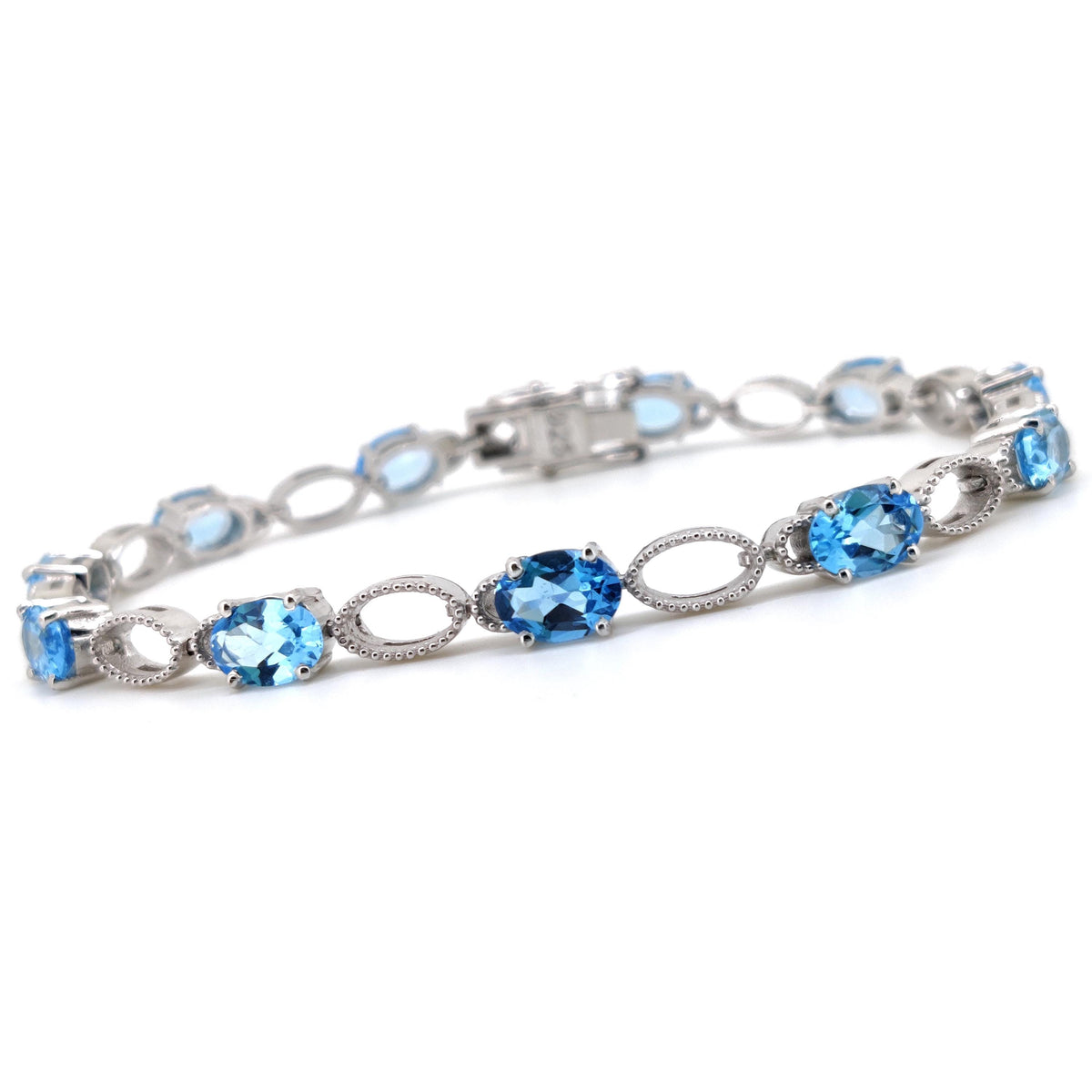Natural Swiss Blue Topaz Tennis Bracelet, 925 Sterling Silver, Oval Gemstone, December Birthstone