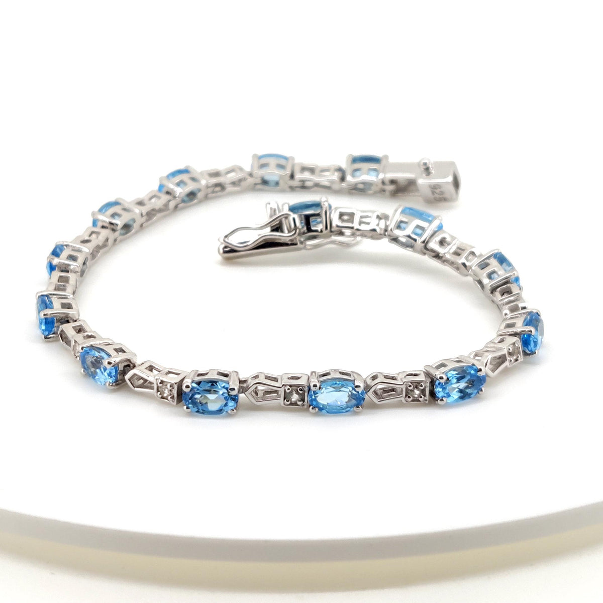 Natural Swiss Blue Topaz Tennis Bracelet, 925 Sterling Silver, December Birthstone, Oval Gemstone