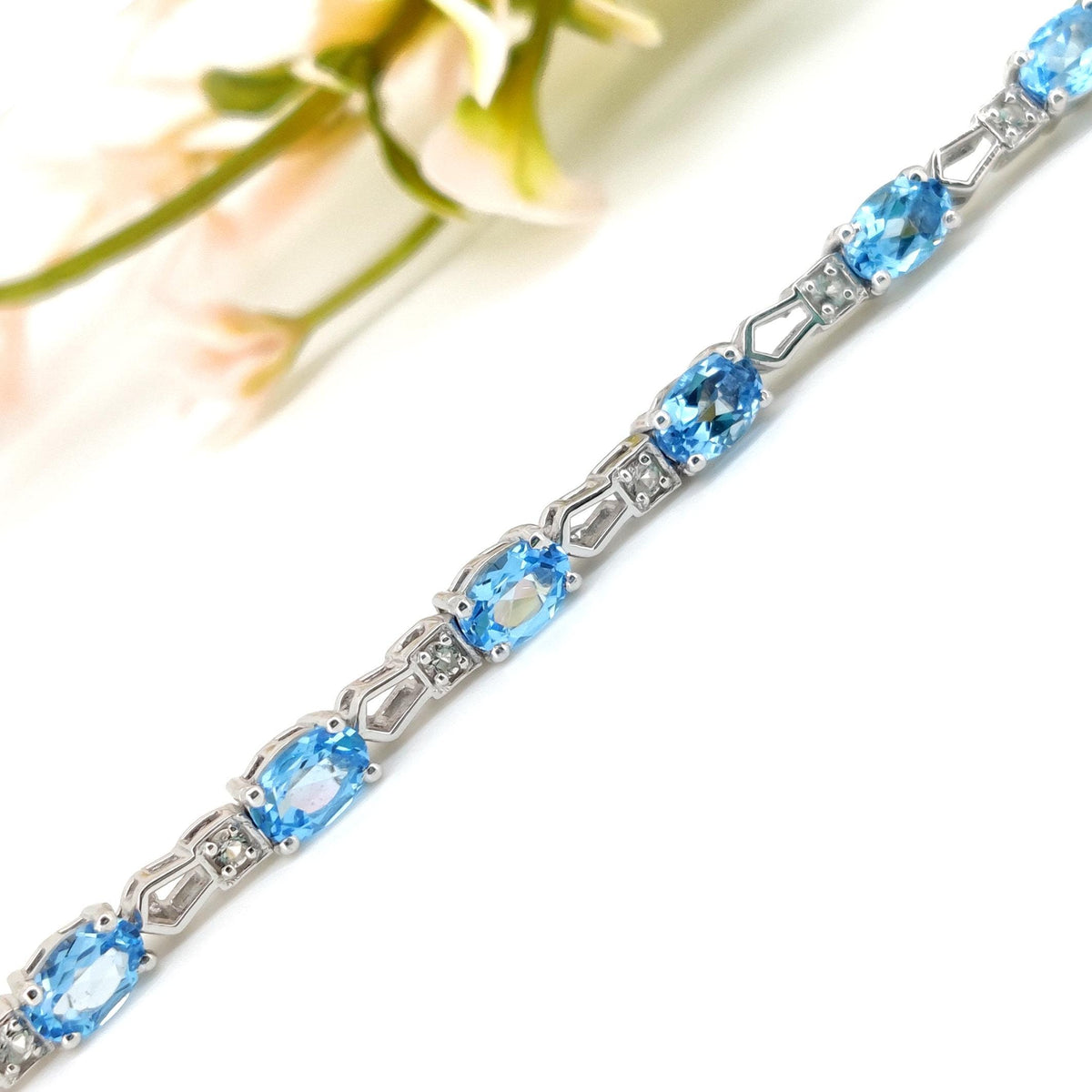 Natural Swiss Blue Topaz Tennis Bracelet, 925 Sterling Silver, December Birthstone, Oval Gemstone