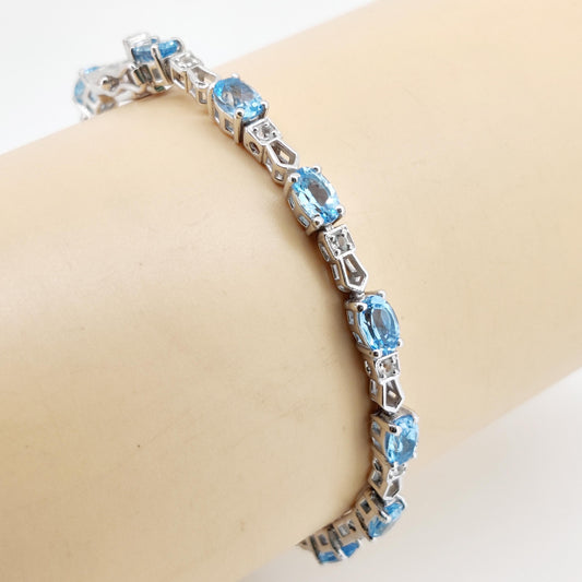 Natural Swiss Blue Topaz Tennis Bracelet, 925 Sterling Silver, December Birthstone, Oval Gemstone