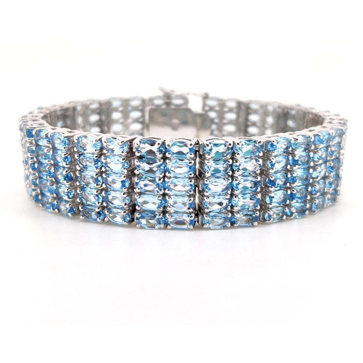 Genuine Blue Topaz Tennis Bracelet, 925 Sterling Silver, Multi Row Gemstone Links