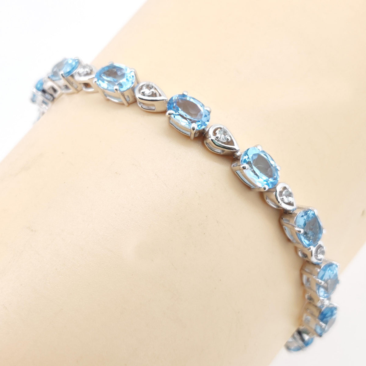 Sterling Silver Swiss Blue Topaz Tennis Bracelet, December Birthstone, Oval Gemstone Dainty Bangle