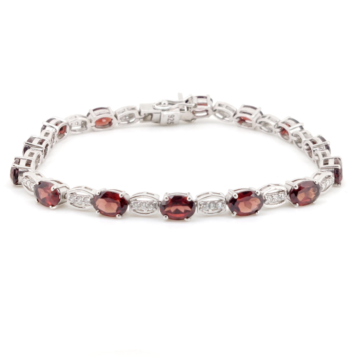 Oval Garnet Tennis Bracelet, Sterling Silver, January Birthstone, Double Safety Clasp