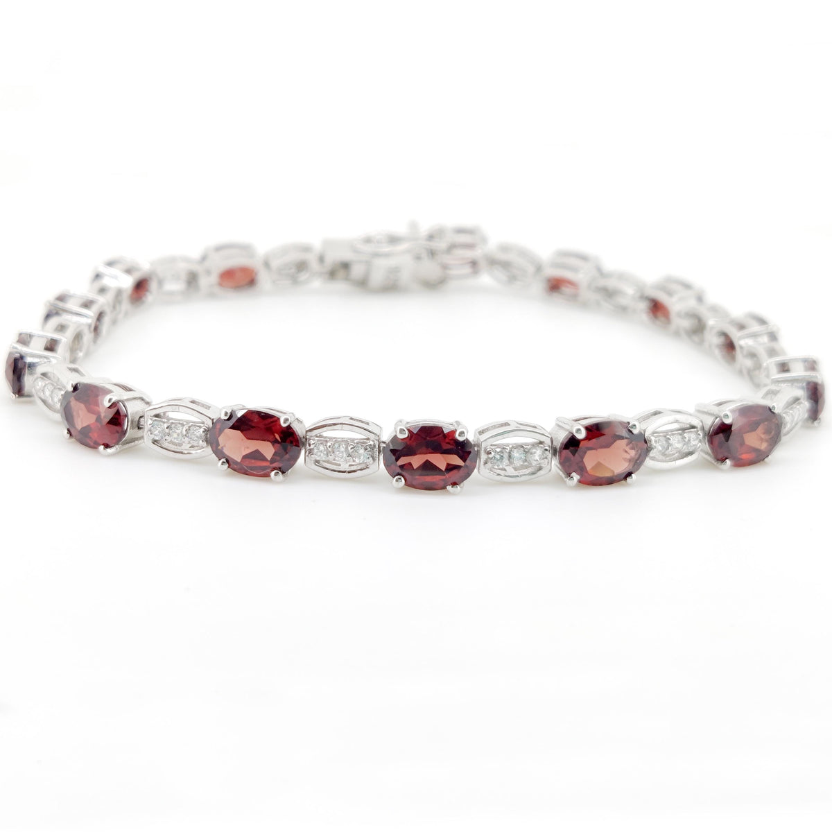Oval Garnet Tennis Bracelet, Sterling Silver, January Birthstone, Double Safety Clasp