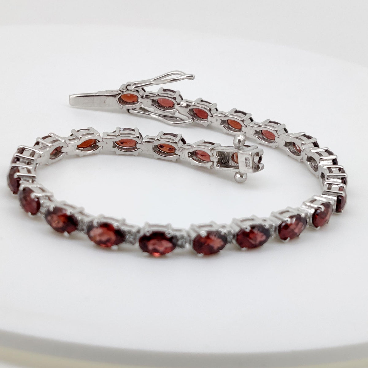 Oval Garnet Tennis Bracelet, Sterling Silver, January Birthstone, Minimalist Jewelry