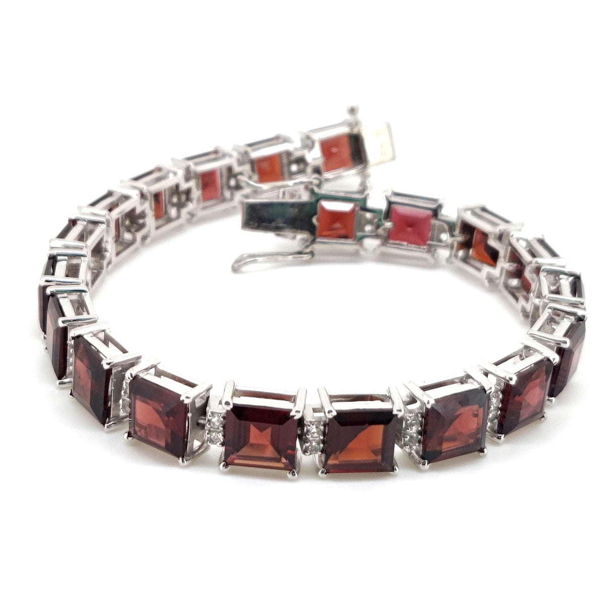 Natural Garnet Tennis Bracelet, Sterling Silver, January Birthstone, Square Cut Red Gemstone