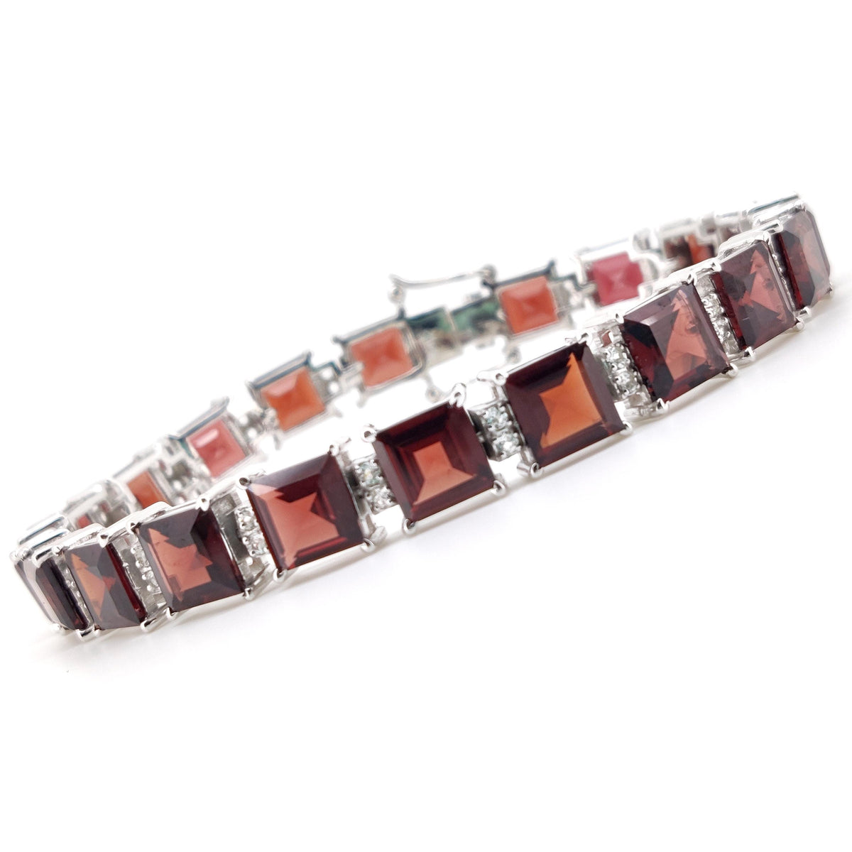 Natural Garnet Tennis Bracelet, Sterling Silver, January Birthstone, Square Cut Red Gemstone