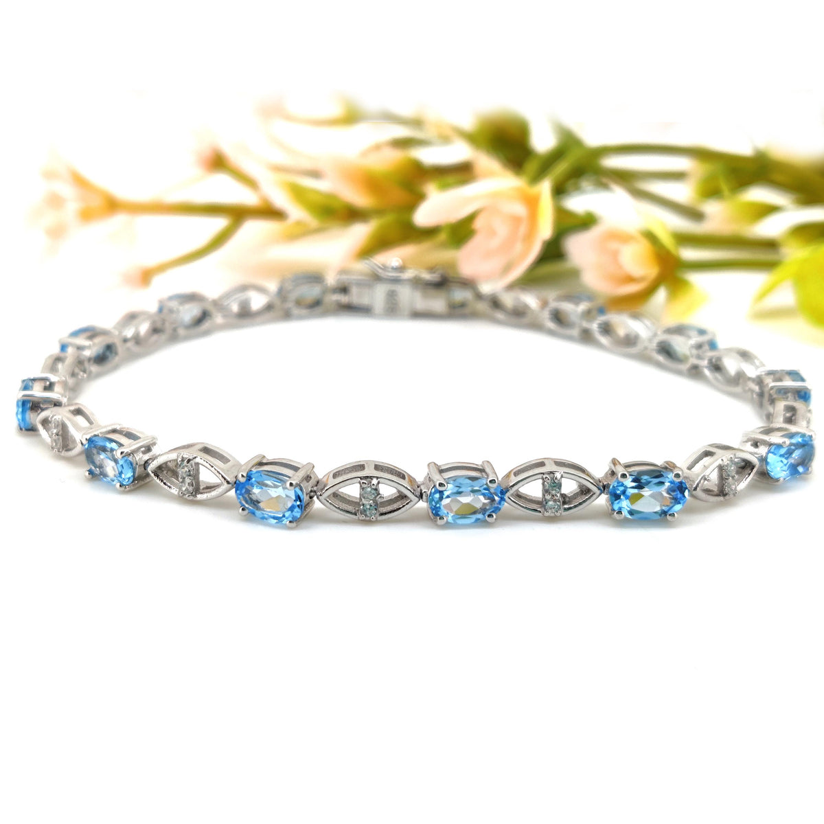 Swiss Blue Topaz Tennis Bracelet, 925 Sterling Silver, December Birthstone, Bridal Wedding Jewelry