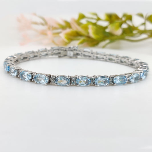 Natural Blue Topaz Tennis Bracelet, Sterling Silver, December Birthstone, Oval Gemstone Jewelry
