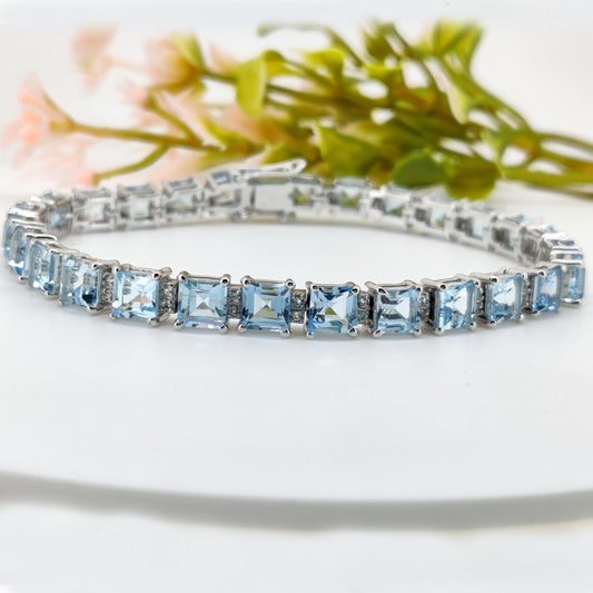 Natural Blue Topaz Sterling Silver Tennis Bracelet, December Birthstone, Square Cut Gemstone