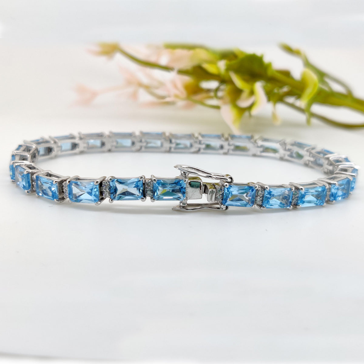 Natural Swiss Blue Topaz Tennis Bracelet, Sterling Silver, December Birthstone