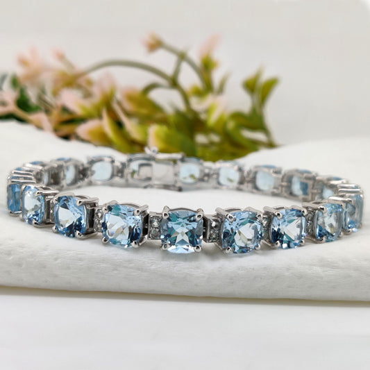 Natural Blue Topaz Cushion Cut Tennis Bracelet, Sterling Silver, December Birthstone
