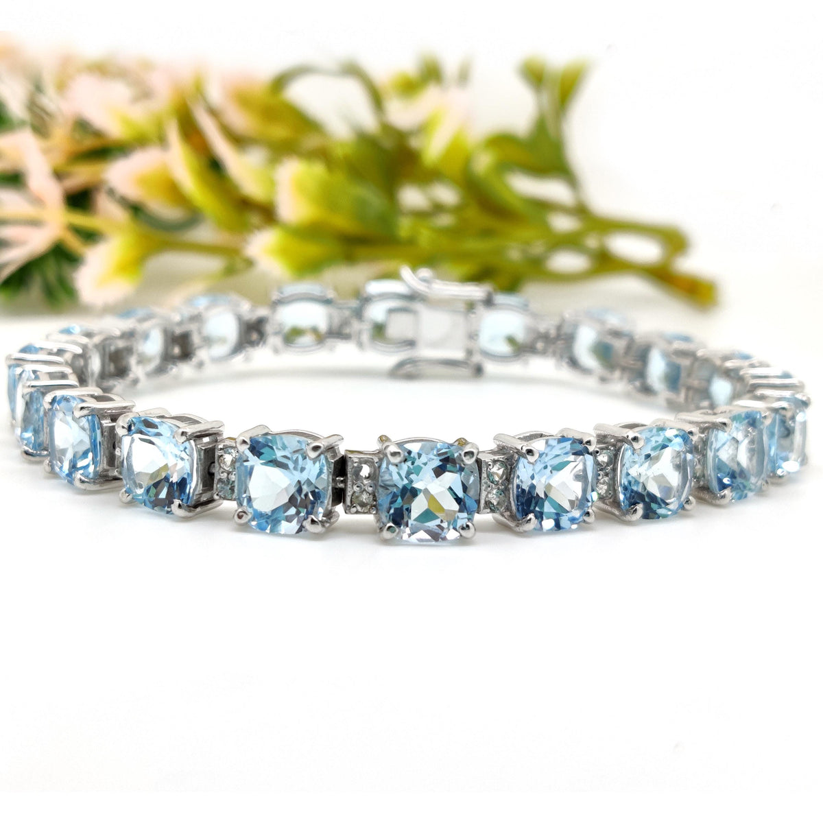 Natural Blue Topaz Cushion Cut Tennis Bracelet, Sterling Silver, December Birthstone