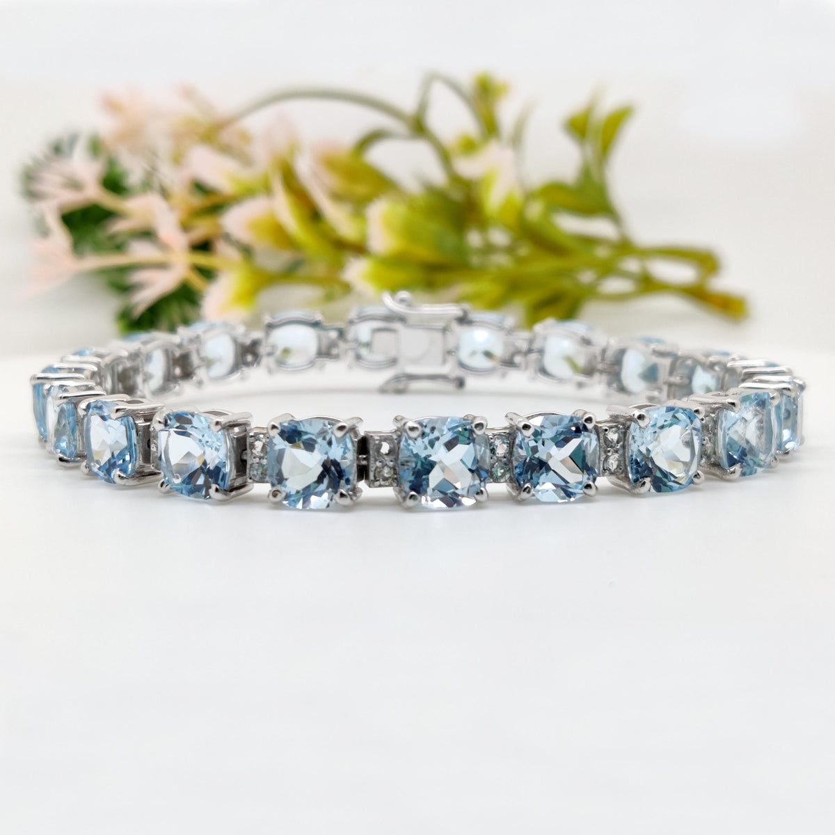 Natural Blue Topaz Cushion Cut Tennis Bracelet, Sterling Silver, December Birthstone