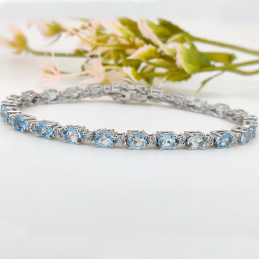 Oval Swiss Blue Topaz Tennis Bracelet, Sterling Silver, December Birthstone Dainty Jewelry