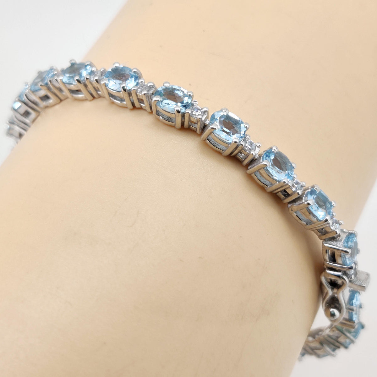 Oval Swiss Blue Topaz Tennis Bracelet, Sterling Silver, December Birthstone Dainty Jewelry