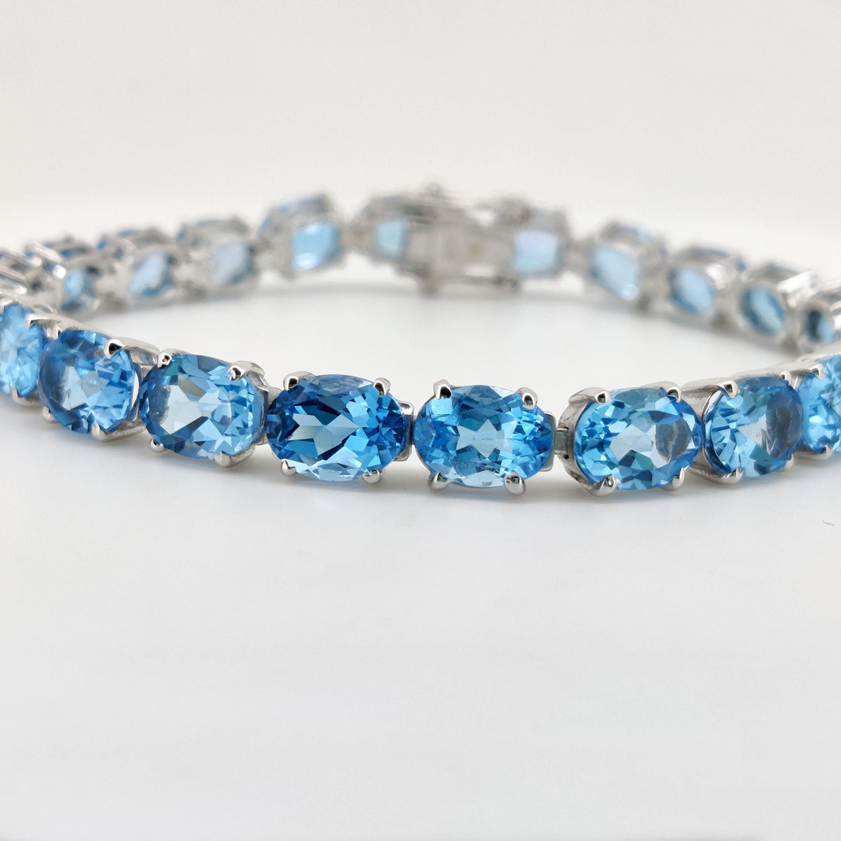 Oval Swiss Blue Topaz Tennis Bracelet, Sterling Silver, December Birthstone, Minimalist Jewelry