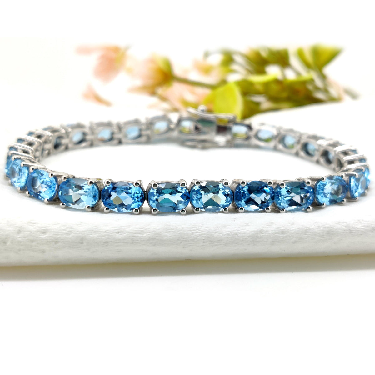 Oval Swiss Blue Topaz Tennis Bracelet, Sterling Silver, December Birthstone, Minimalist Jewelry