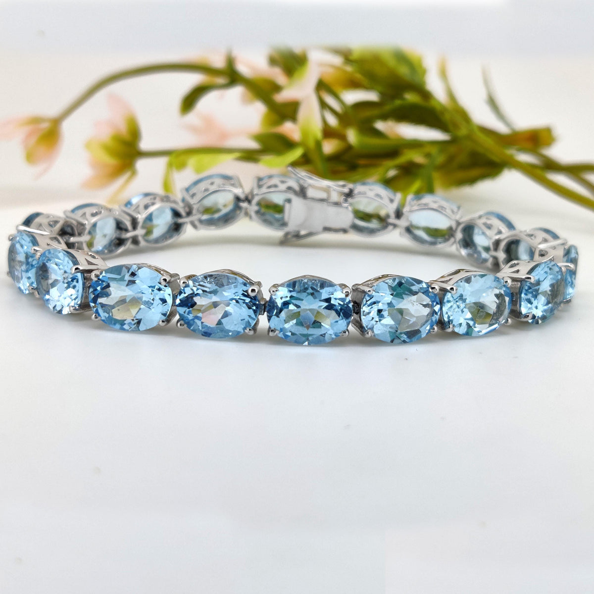 Natural Blue Topaz Sterling Silver Tennis Bracelet, December Birthstone, Minimalist Jewelry