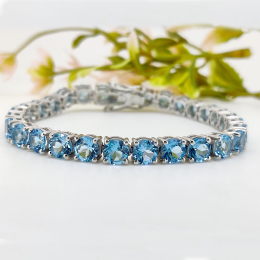 Natural Blue Topaz Tennis Bracelet, Sterling Silver, December Birthstone, Women's Jewelry