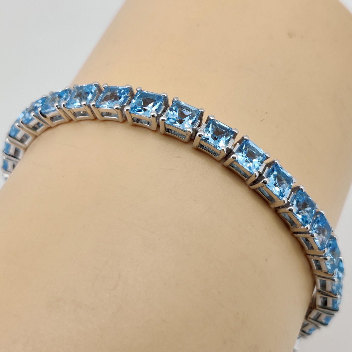 Natural Swiss Blue Topaz Tennis Bracelet, Sterling Silver, December Birthstone, Square Cut Gemstone