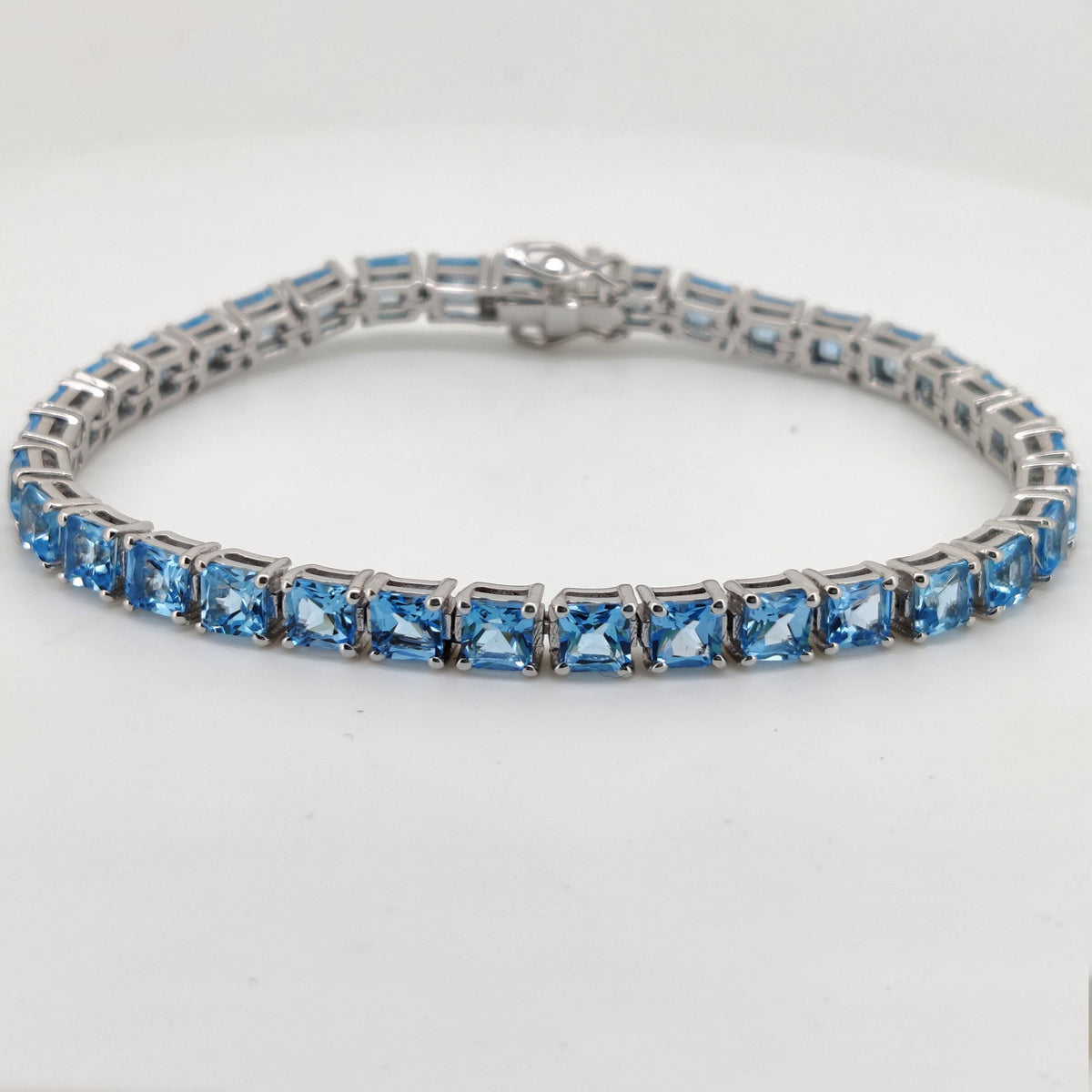 Natural Swiss Blue Topaz Tennis Bracelet, Sterling Silver, December Birthstone, Square Cut Gemstone