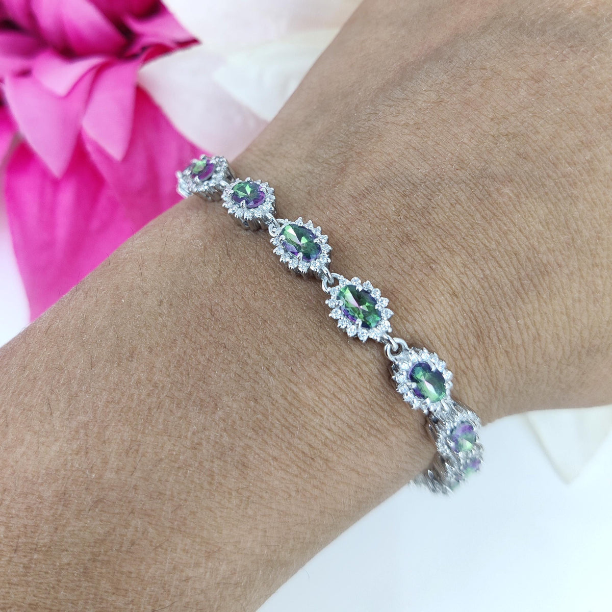 Oval Mystic Topaz Tennis Bracelet, Sterling Silver, November Birthstone, Multi Stone Jewelry