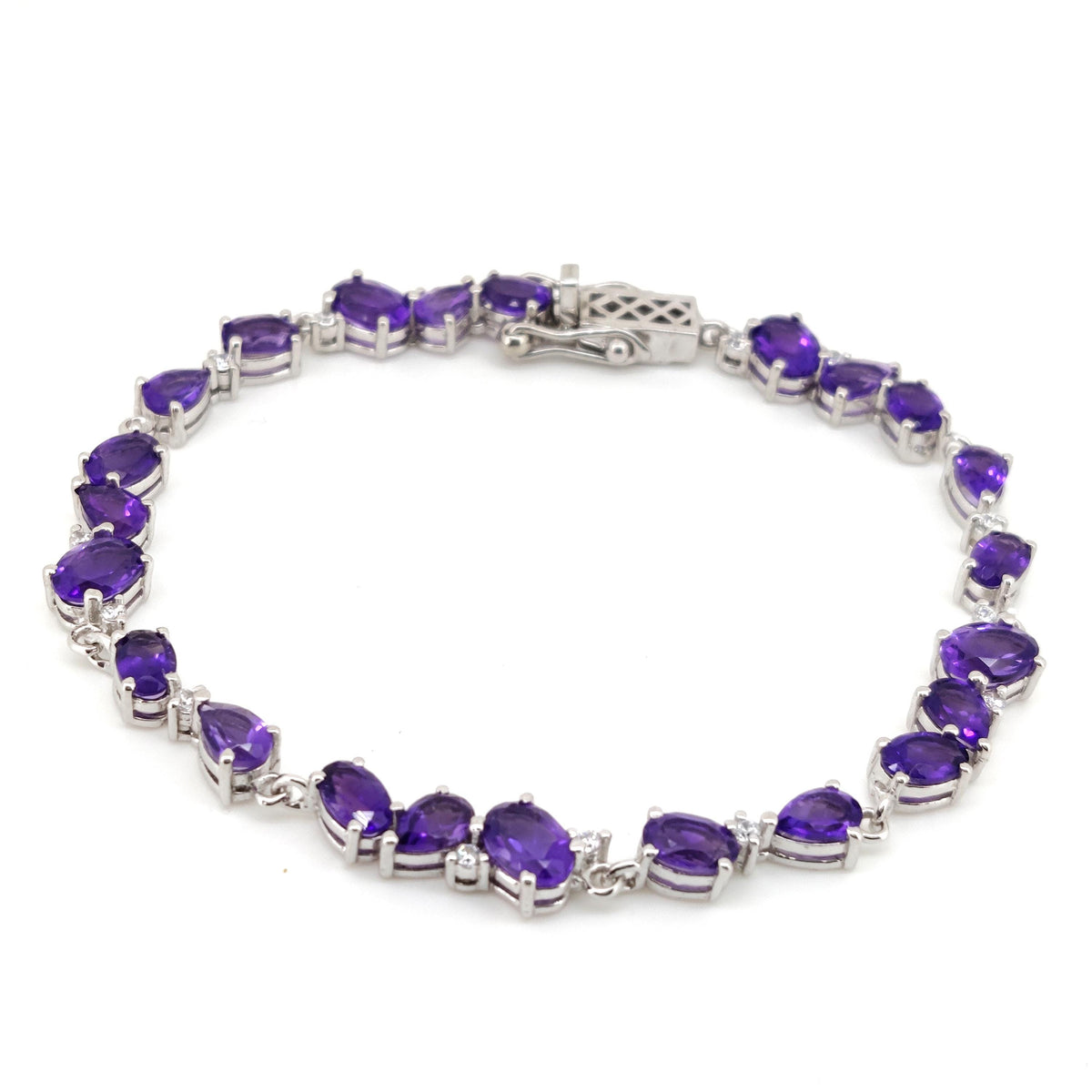 Natural Amethyst Tennis Bracelet, 925 Sterling Silver, Oval Pear Gemstones, February Birthstone