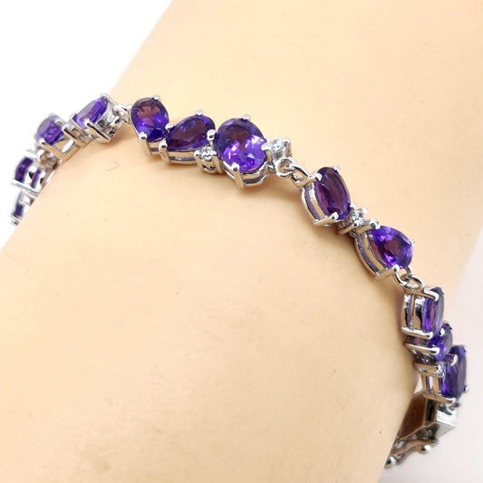 Natural Amethyst Tennis Bracelet, 925 Sterling Silver, Oval Pear Gemstones, February Birthstone