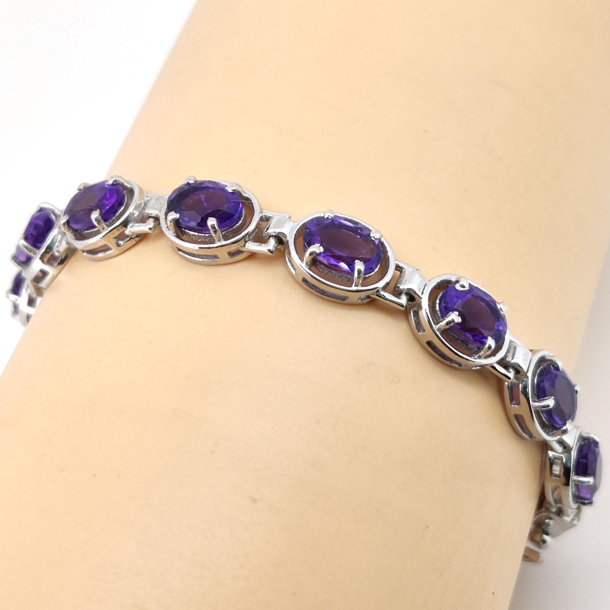 Natural Amethyst Tennis Bracelet, 7x5 mm Oval Sterling Silver, February Birthstone Jewelry