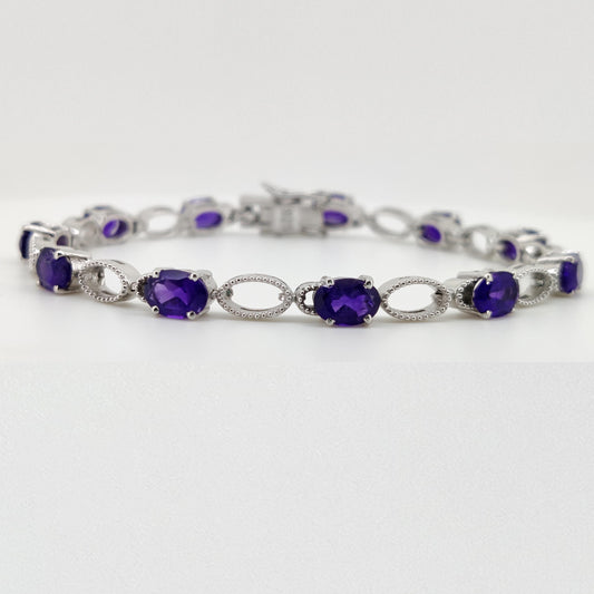 7x5mm Oval Amethyst Tennis Bracelet, 925 Sterling Silver, February Birthstone Jewelry, Purple Gemstone Gift
