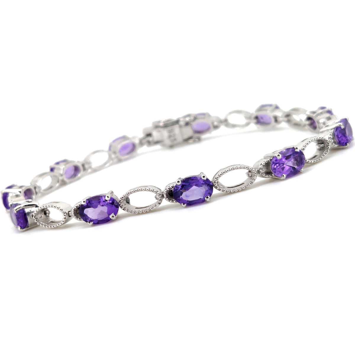 Natural Amethyst Tennis Bracelet, 7x5mm Oval Gemstone, Sterling Silver, February Birthstone