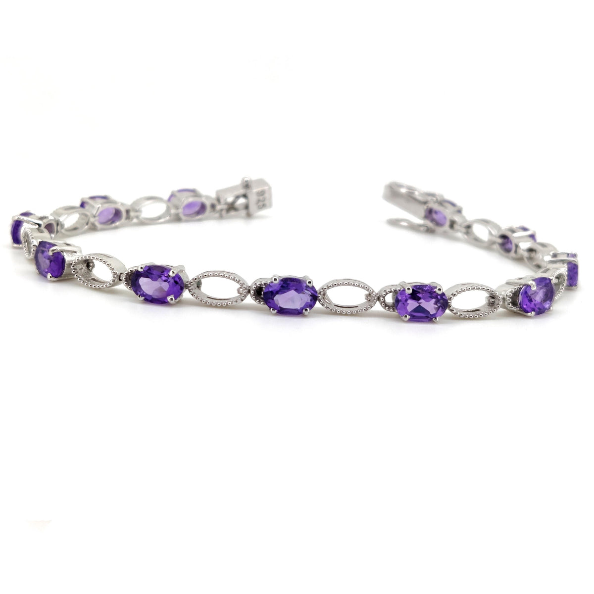 Natural Amethyst Tennis Bracelet, 7x5mm Oval Gemstone, Sterling Silver, February Birthstone