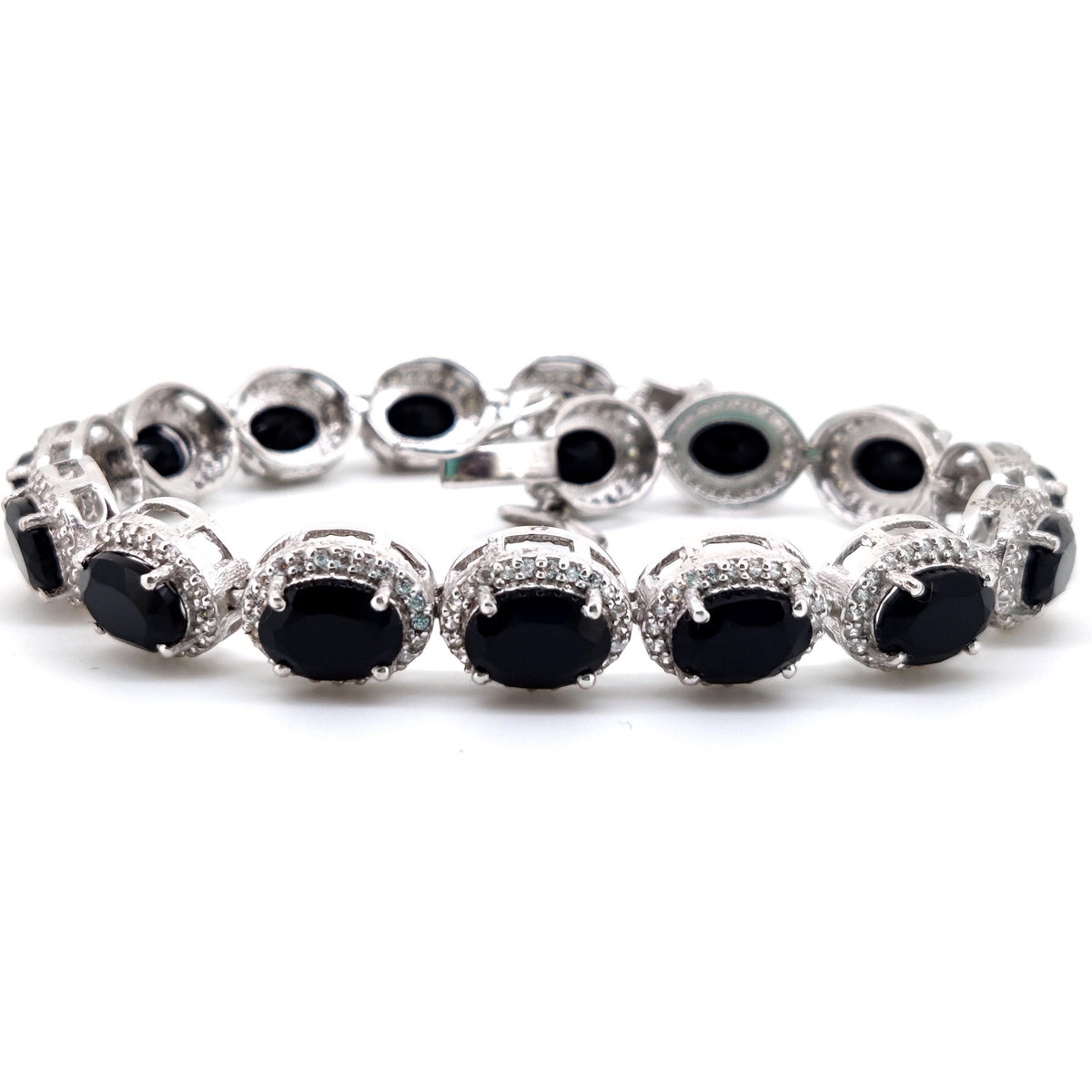 Black Onyx Oval Gemstone Tennis Bracelet, Sterling Silver, December Birthstone, Anniversary Gift