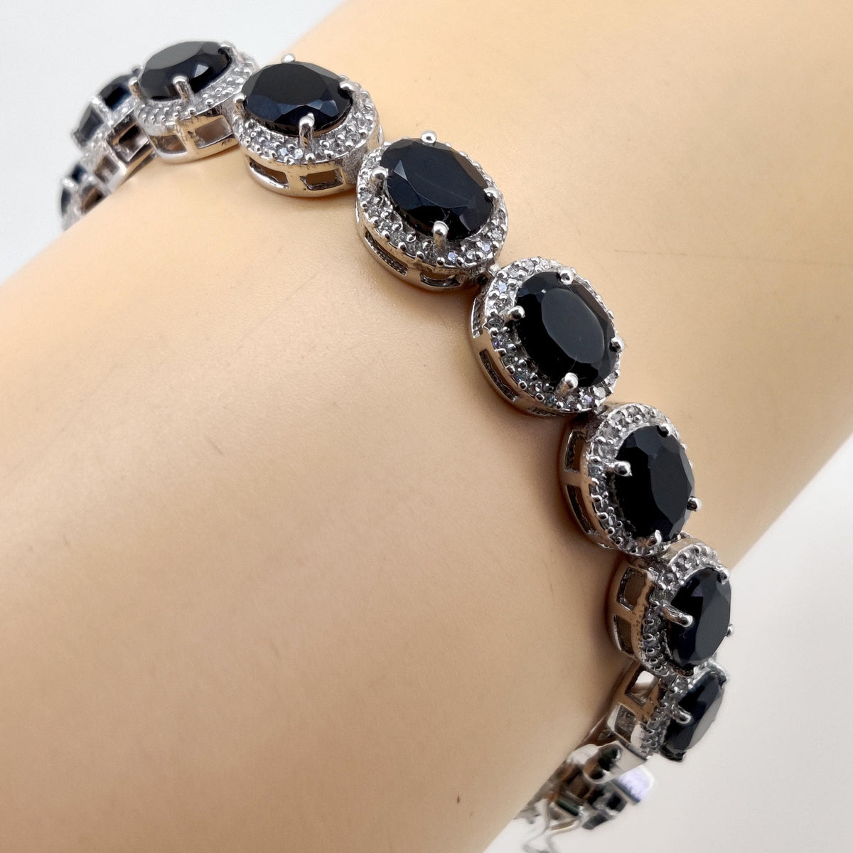 Black Onyx Oval Gemstone Tennis Bracelet, Sterling Silver, December Birthstone, Anniversary Gift