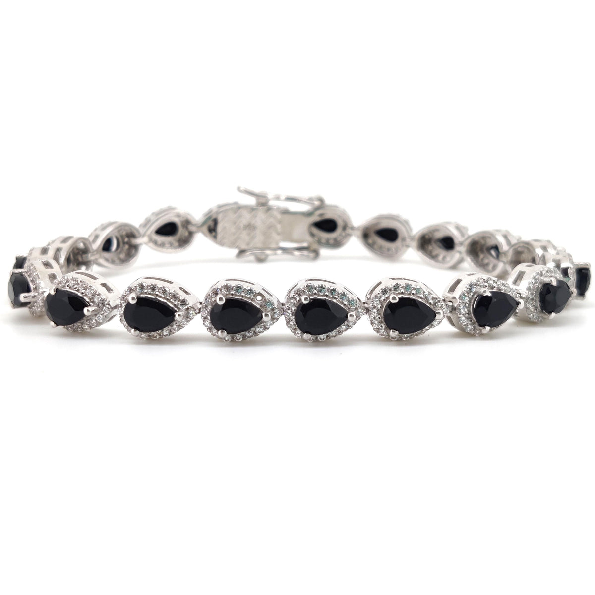 Black Onyx Pear Gemstone Tennis Bracelet: 925 Sterling Silver, Anniversary Jewelry