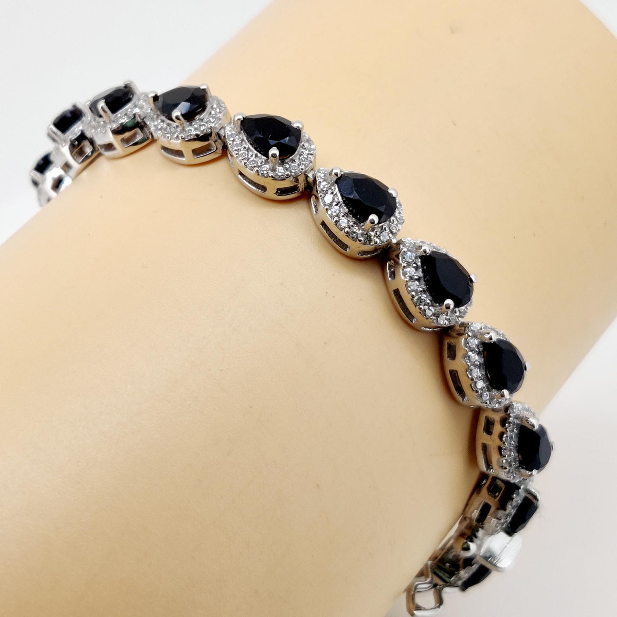 Black Onyx Pear Gemstone Tennis Bracelet: 925 Sterling Silver, Anniversary Jewelry