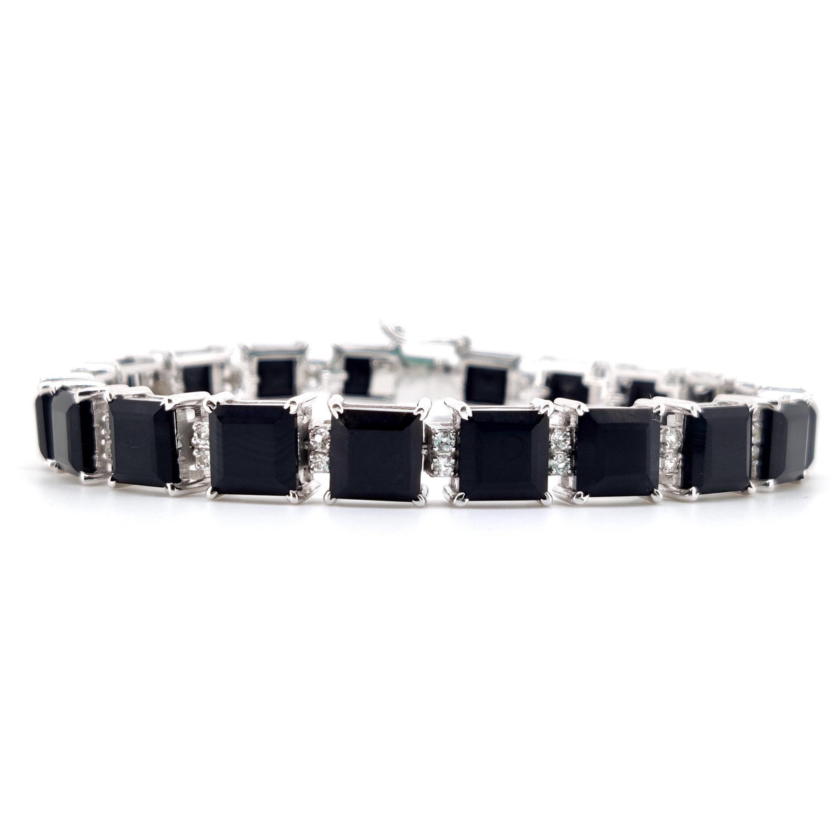 Black Onyx Tennis Bracelet: Sterling Silver, 7mm Square Faceted Gemstone, December Birthstone