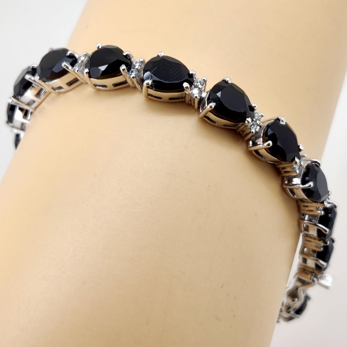Natural Black Onyx Pear Cut Tennis Bracelet, Sterling Silver, December Birthstone