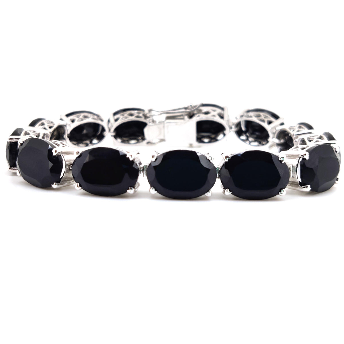 Natural Black Onyx Oval Gemstone Tennis Bracelet | Sterling Silver Statement Jewelry