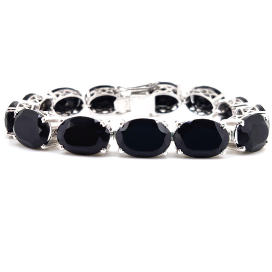 Natural Black Onyx Oval Gemstone Tennis Bracelet | Sterling Silver Statement Jewelry