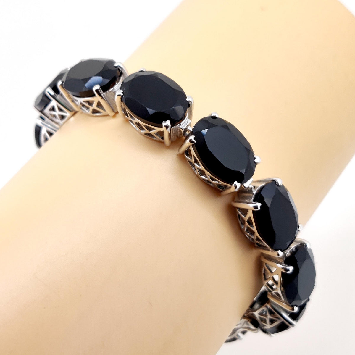 Natural Black Onyx Oval Gemstone Tennis Bracelet | Sterling Silver Statement Jewelry