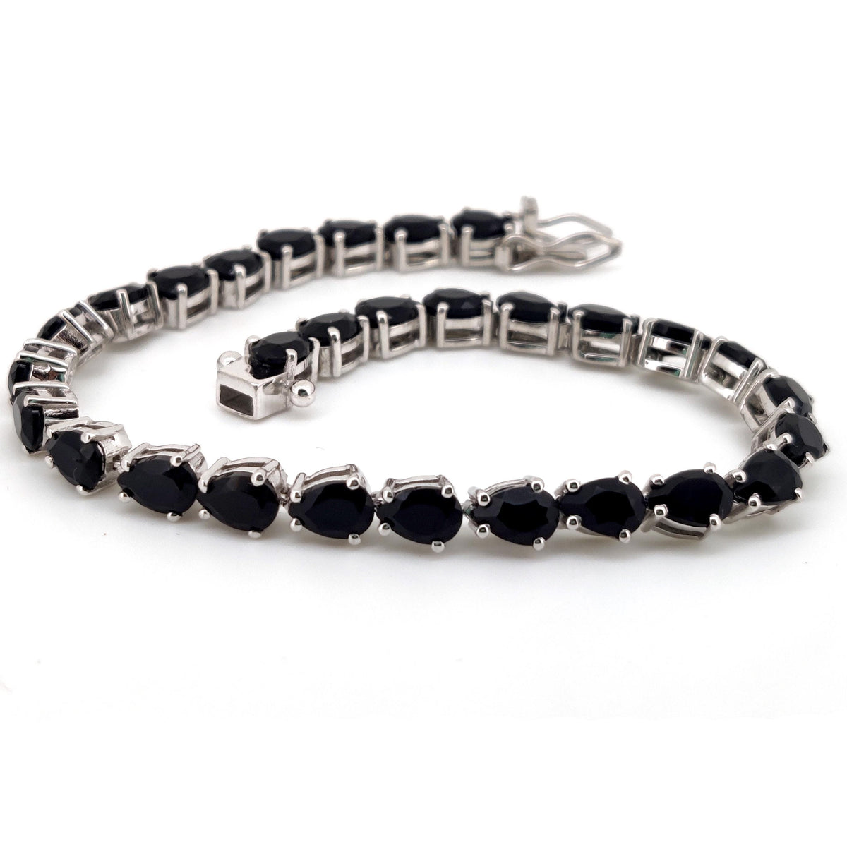 Handmade Black Onyx Pear Cut Tennis Bracelet, Sterling Silver, December Birthstone